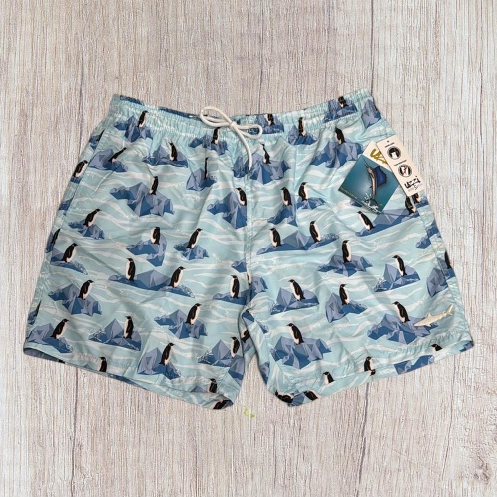 NWT UZZI Blue White Penguins Water Resistant Fast Dry Mens Lined Swim Trunks XXL
